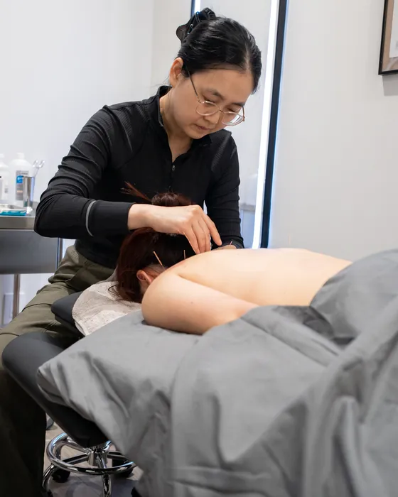 A registered acupuncturist placing needles along a patient's upper back at Fittopia Wellness Studio.